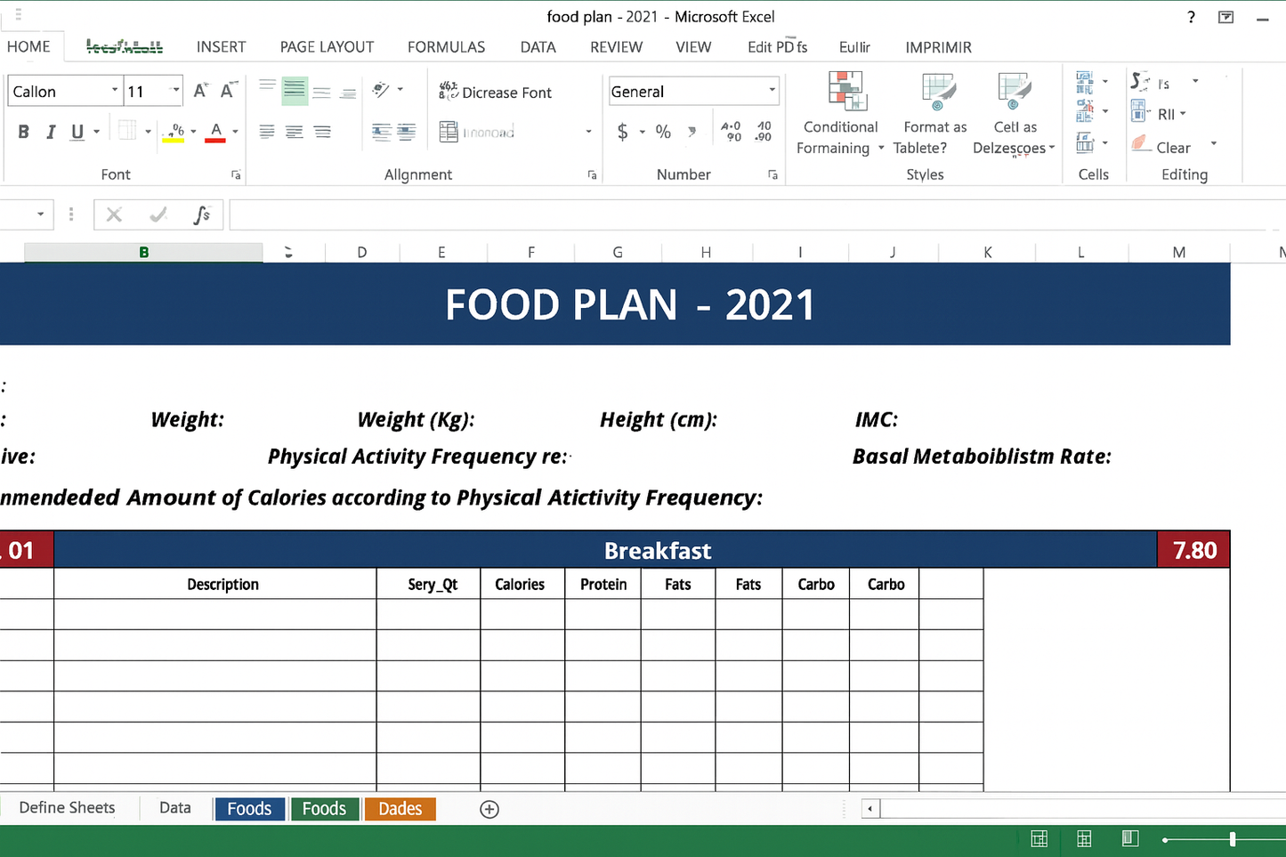 Planilha Plano Alimentar  Dieta e Regime